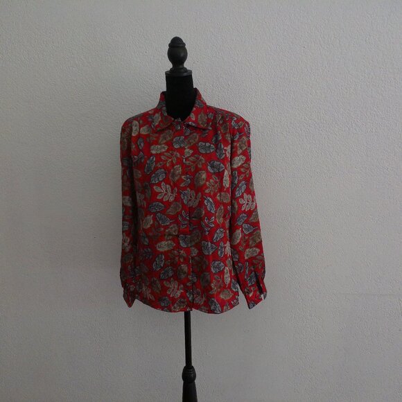 Red color blouse with golden leaves design, shiny - Picture 4 of 9